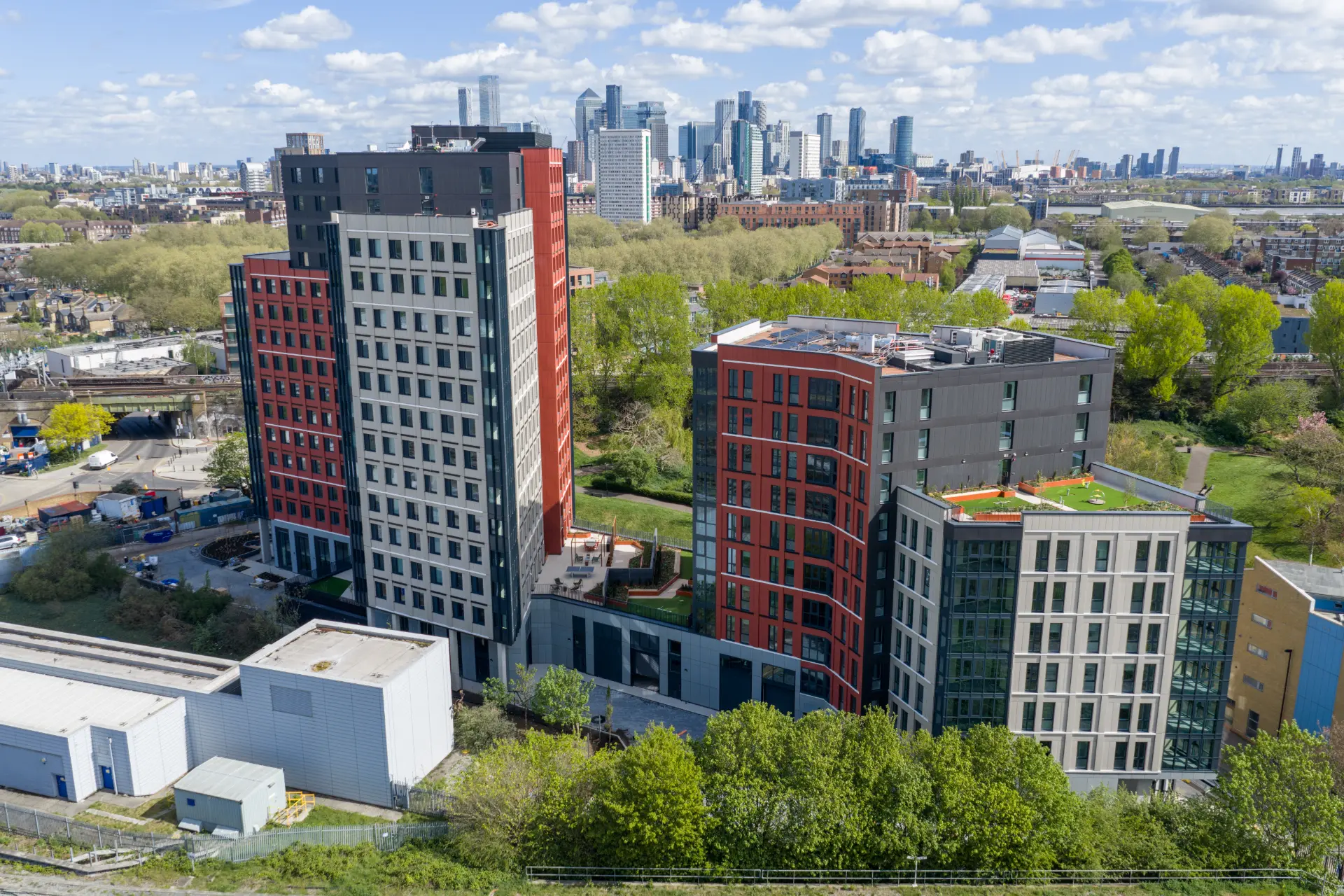 An exterior drone shot of Ironworks House
